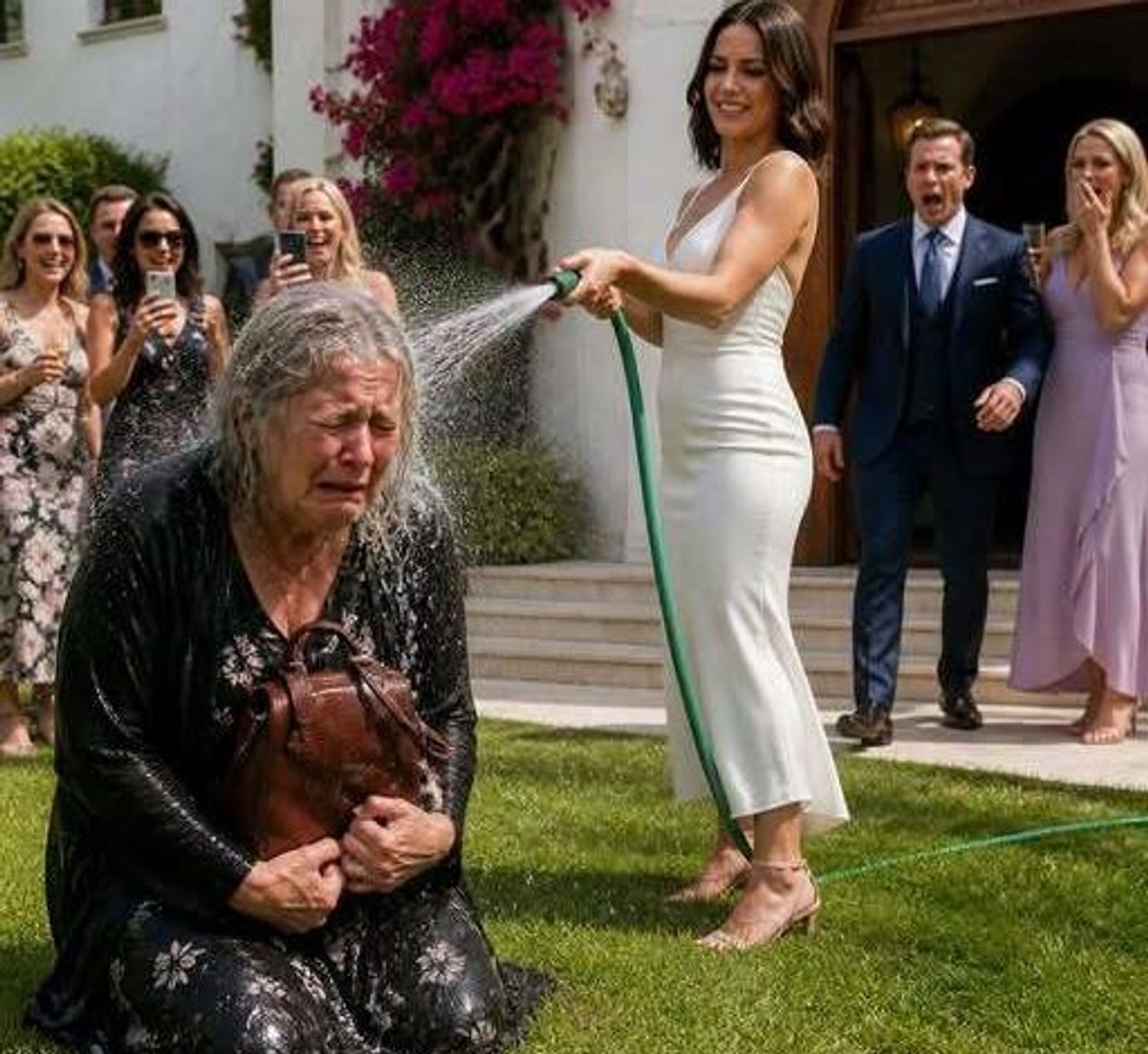 At my son’s engagement party, his fiancée bathed me with a hose in front of 30 guests and mocked me: “Beggers don’t get 